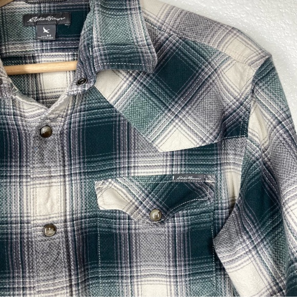 Eddie Bauer Western Shirt Plaid Button Up Snap Perl Mens M Long Sleeves Green - Picture 6 of 13